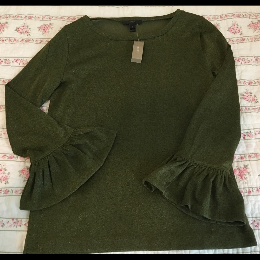 NWT J. Crew Forest Green Sparkle Bell Sleeve Top
